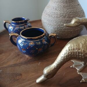 Vintage Prinknash England Blue Floral Cream & Sugar Set | Gold Trim